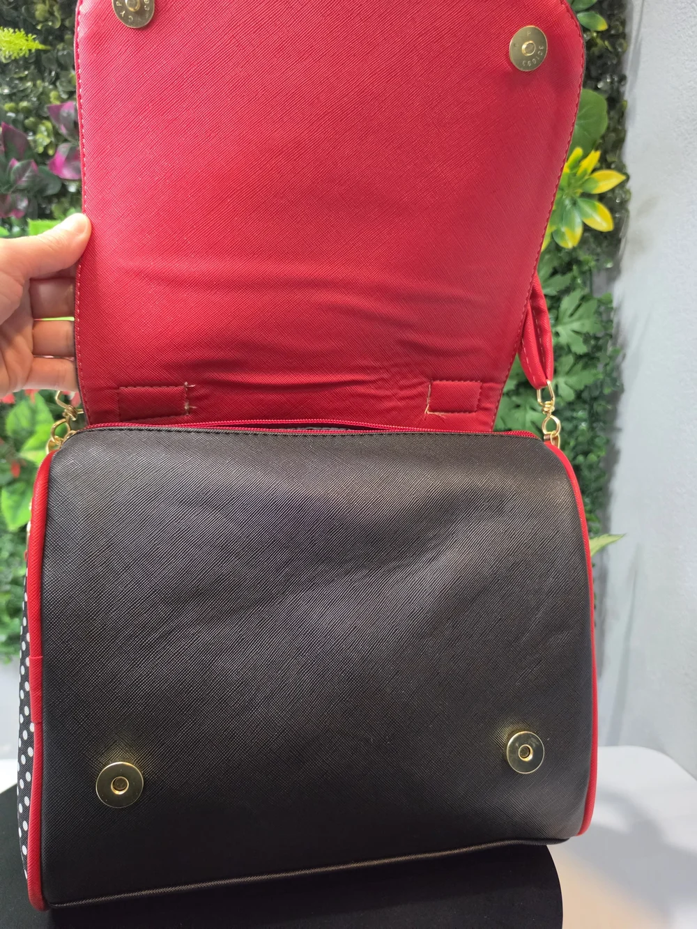 Black and Red Women's Satchel with Graphic Face Detail